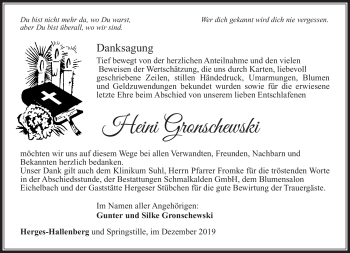 Traueranzeige von Heini Gronschewski von Südthüringer Presse