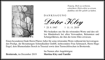 Traueranzeige von Dieter Kley von Südthüringer Presse