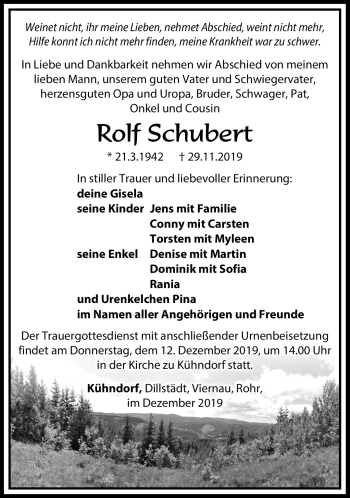 Traueranzeige von Rolf Schubert von Südthüringer Presse