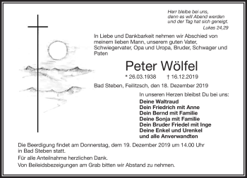 Traueranzeige von Peter Wölfel von Frankenpost