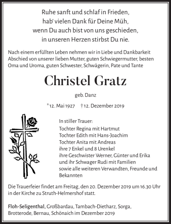 Traueranzeige von Christel Gratz von Südthüringer Presse
