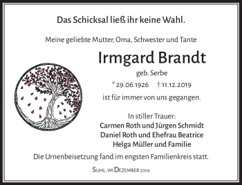 Traueranzeige von Irmgard Brandt von Südthüringer Presse