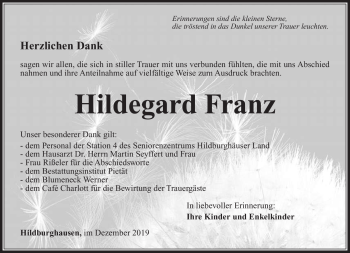 Traueranzeige von Hildegard Franz von Südthüringer Presse