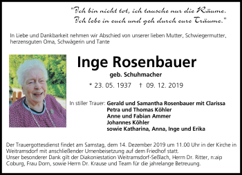 Traueranzeige von Inge Rosenbauer von Neue Presse Coburg
