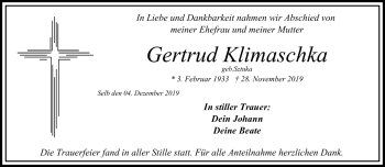 Traueranzeige von Gertrud Klimaschka von Frankenpost