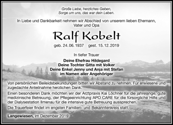 Traueranzeige von Ralf Kobelt von Südthüringer Presse