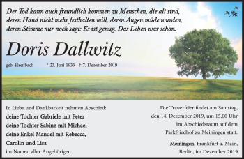 Traueranzeige von Doris Dallwitz von Südthüringer Presse