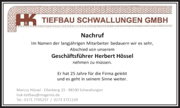 Traueranzeige von Herbert Hössel von Südthüringer Presse