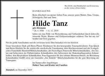 Traueranzeige von Hilde Tanz von Südthüringer Presse