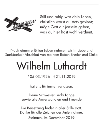 Traueranzeige von Wilhelm Luthardt von Südthüringer Presse