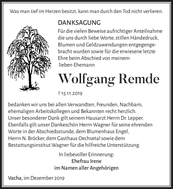 Traueranzeige von Wolfgang Remde von Südthüringer Presse