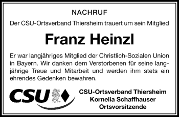 Traueranzeige von Franz Heinzl von Frankenpost