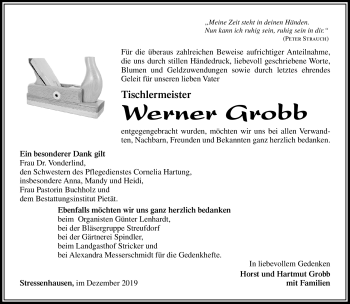 Traueranzeige von Werner Grobb von Südthüringer Presse