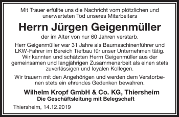 Traueranzeige von Jürgen Geigenmüller von Frankenpost