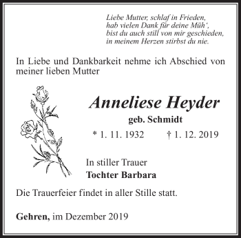 Traueranzeige von Anneliese Heyder von Südthüringer Presse