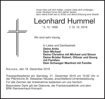 Traueranzeige von Leonhard Hummel von Neue Presse Coburg