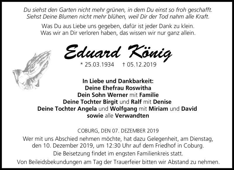 Traueranzeige für Eduard König vom 07.12.2019 aus Neue Presse Coburg
