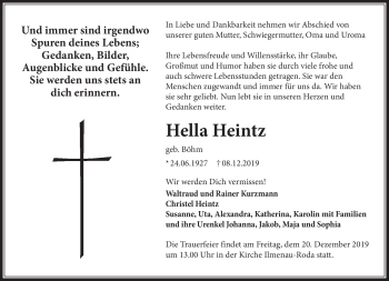 Traueranzeige von Hella Heintz von Südthüringer Presse