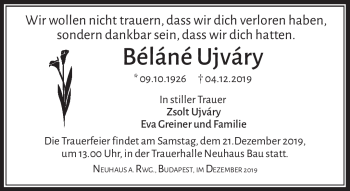 Traueranzeige von Béláné Ujváry von Südthüringer Presse
