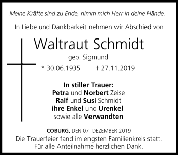 Traueranzeige von Waltraut Schmidt von Neue Presse Coburg