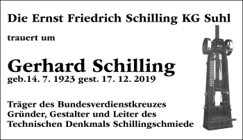 Traueranzeige von Gerhard Schilling von Südthüringer Presse