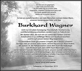 Traueranzeige von Burkhard Wagner von Südthüringer Presse