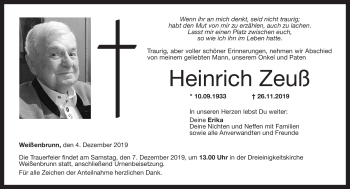 Traueranzeige von Heinrich Zeuß von Neue Presse Coburg