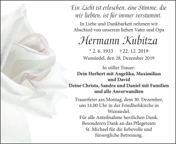 Traueranzeige von Hermann Kubitza von Frankenpost