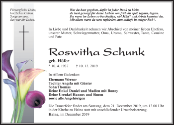 Traueranzeige von Roswitha Schunk von Südthüringer Presse