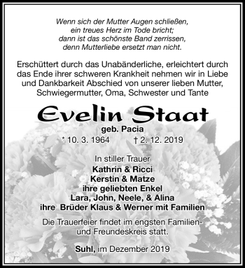 Traueranzeige von Evelin Staat von Südthüringer Presse