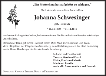 Traueranzeige von Johanna Schwesinger von Südthüringer Presse