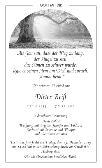 Traueranzeige von Dieter Reiß von Frankenpost