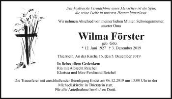 Traueranzeige von Wilma Förster von Frankenpost