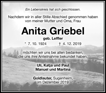 Traueranzeige von Anita Griebel von Südthüringer Presse
