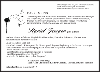 Traueranzeige von Sigrid Jäger von Südthüringer Presse