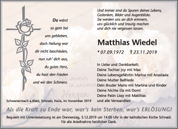 Traueranzeige von Matthias Wiedel von Frankenpost