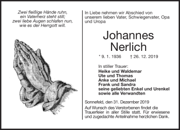 Traueranzeige von Johannes Nerlich von Neue Presse Coburg