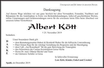 Traueranzeige von Albert Kött von Südthüringer Presse