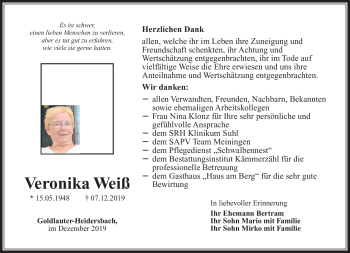 Traueranzeige von Veronika Weiß von Südthüringer Presse