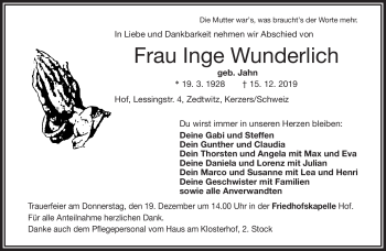 Traueranzeige von Inge Wunderlich von Frankenpost