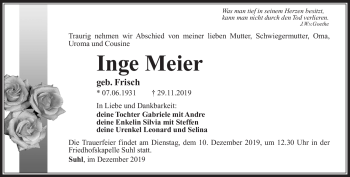 Traueranzeige von Inge Meier von Südthüringer Presse