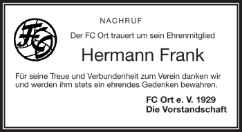 Traueranzeige von Hermann Frank von Frankenpost