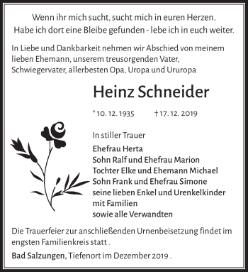 Traueranzeige von Heinz Schneider von Südthüringer Presse