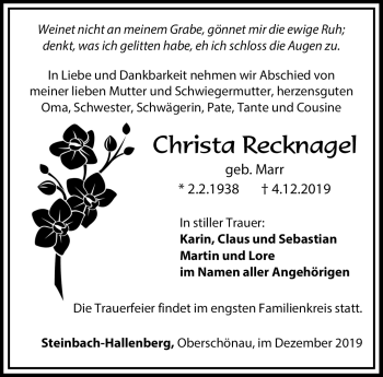 Traueranzeige von Christa Recknagel von Südthüringer Presse