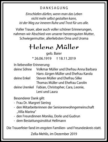 Traueranzeige von Helene Müller von Südthüringer Presse