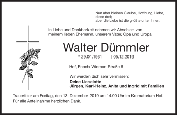 Traueranzeige von Walter Dümmler von Frankenpost
