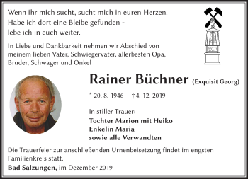 Traueranzeige von Rainer Büchner von Südthüringer Presse