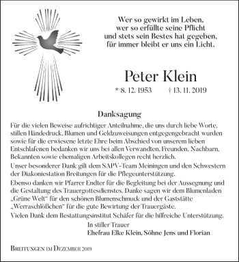Traueranzeige von Peter Klein von Südthüringer Presse