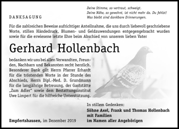 Traueranzeige von Gerhard Hollenbach von Südthüringer Presse