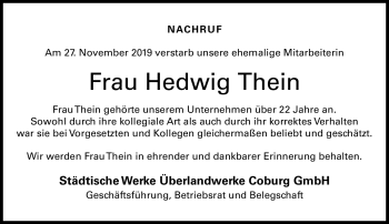 Traueranzeige von Hedwig Thein von Neue Presse Coburg